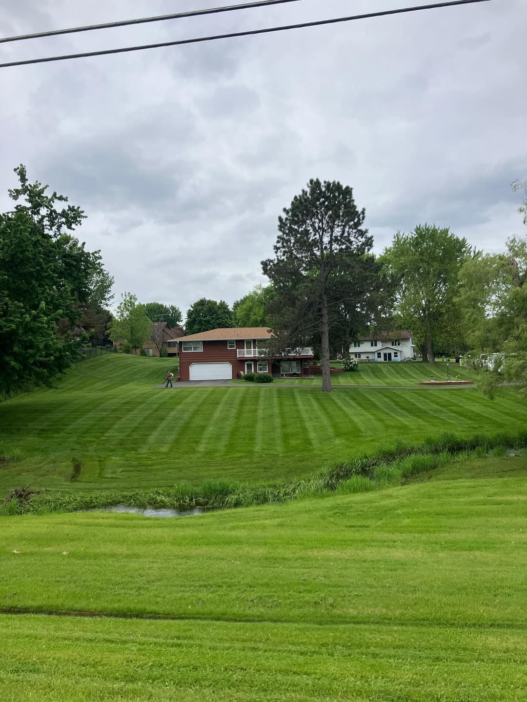 House on a grassy hill with striped lawn, surrounded by trees and a creek below.