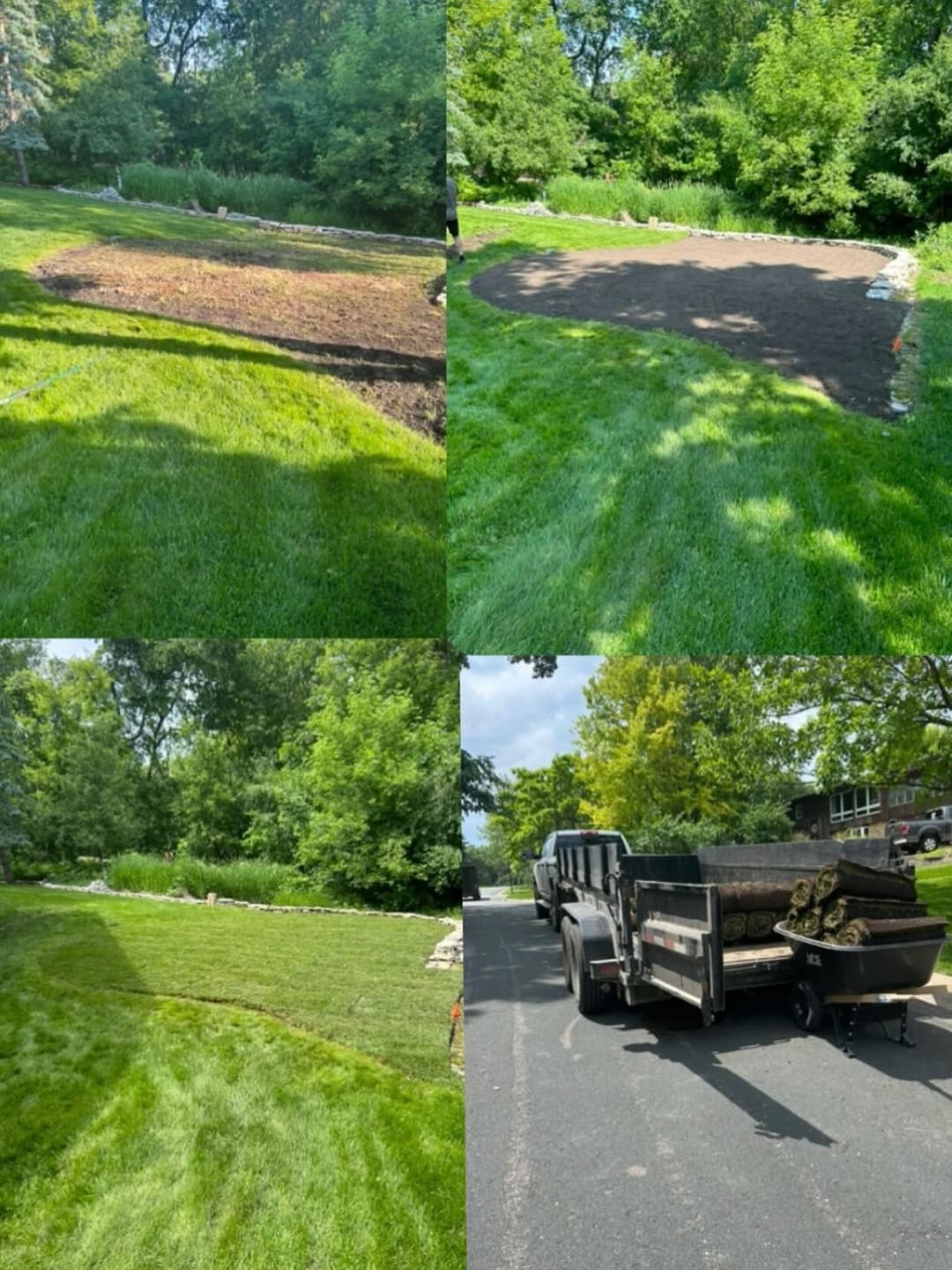 Lawn landscaping transformation showing preparation, sod delivery, and finished grassy area.