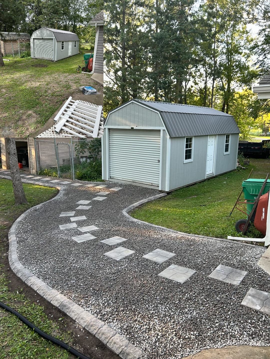 Garden path leading to a gray storage shed with a metal roof in a landscaped yard.