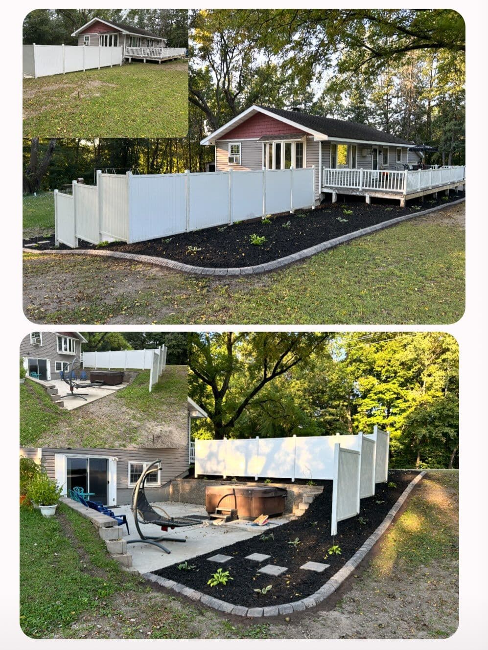 Modern backyard renovation with fencing, patio area, and hot tub installation.